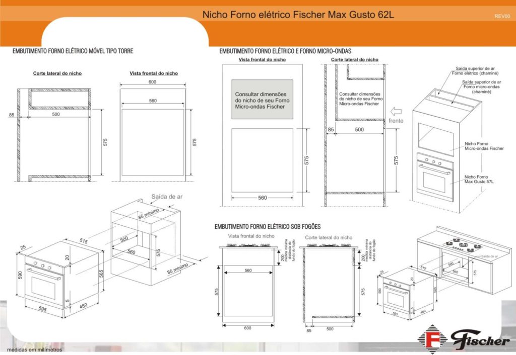 Medidas do Forno Elétrico de Embutir Fischer Max Gusto 62L - 19080