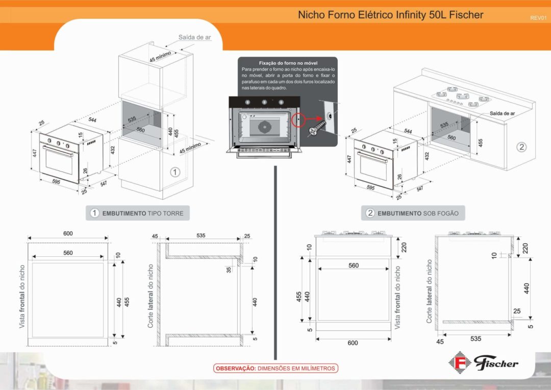 Medidas Do Forno Elétrico De Embutir Fischer Infinity 50L - 15740-Inox