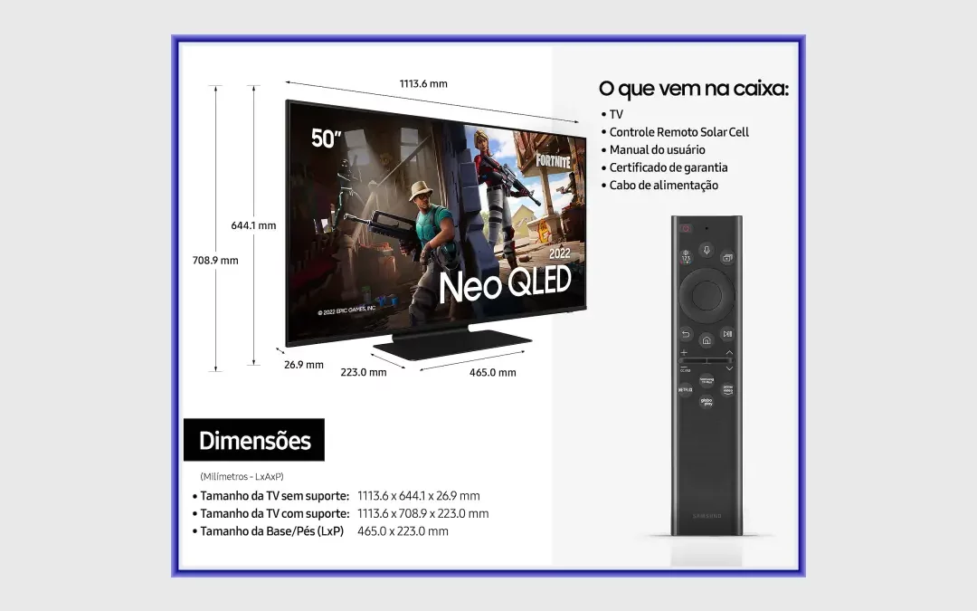 Ficha técnica do smart TV Samsung Neo QLED 4K, 50pol  QN50QN90B