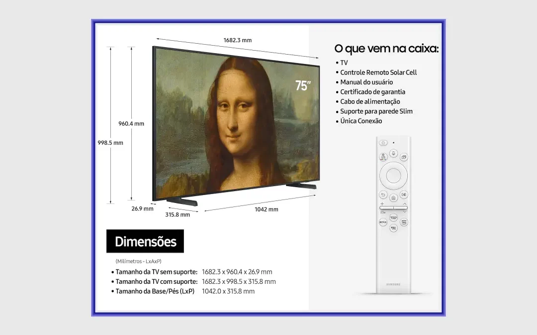 Ficha técnica do smart TV Samsung QLED The Frame 75″ – QN75LS03B